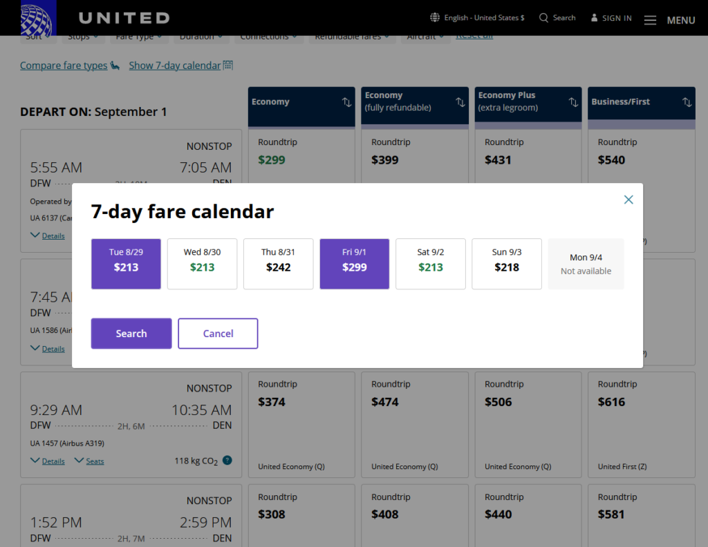 United Airline's low fare calendar