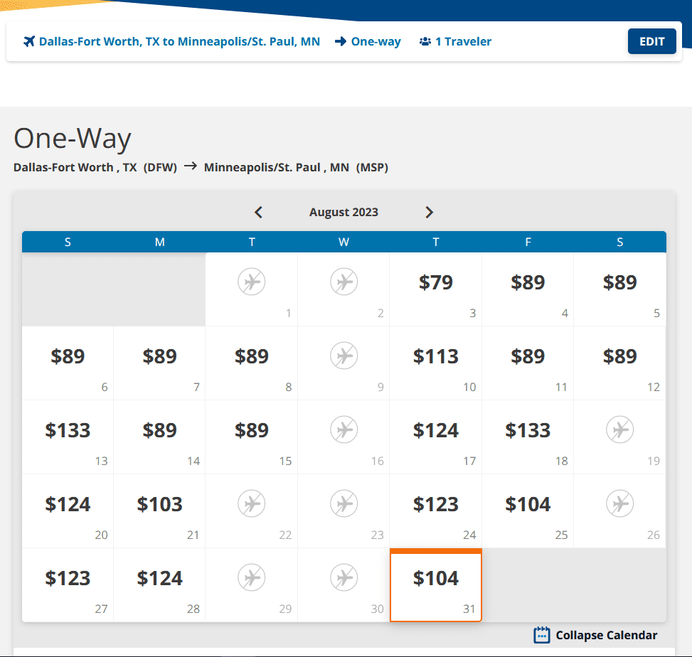 Sun Country Airlines Low fare calendar 2023